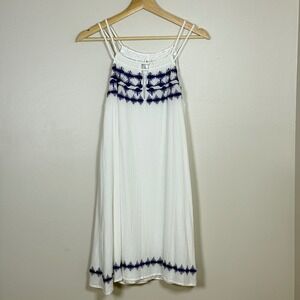 THML Womens Linen Blend Dress S White Blue Embroidered Strappy Halter Boho